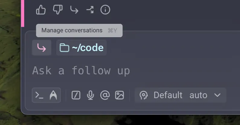 Conversation chip in the input area showing the Manage conversations shortcut